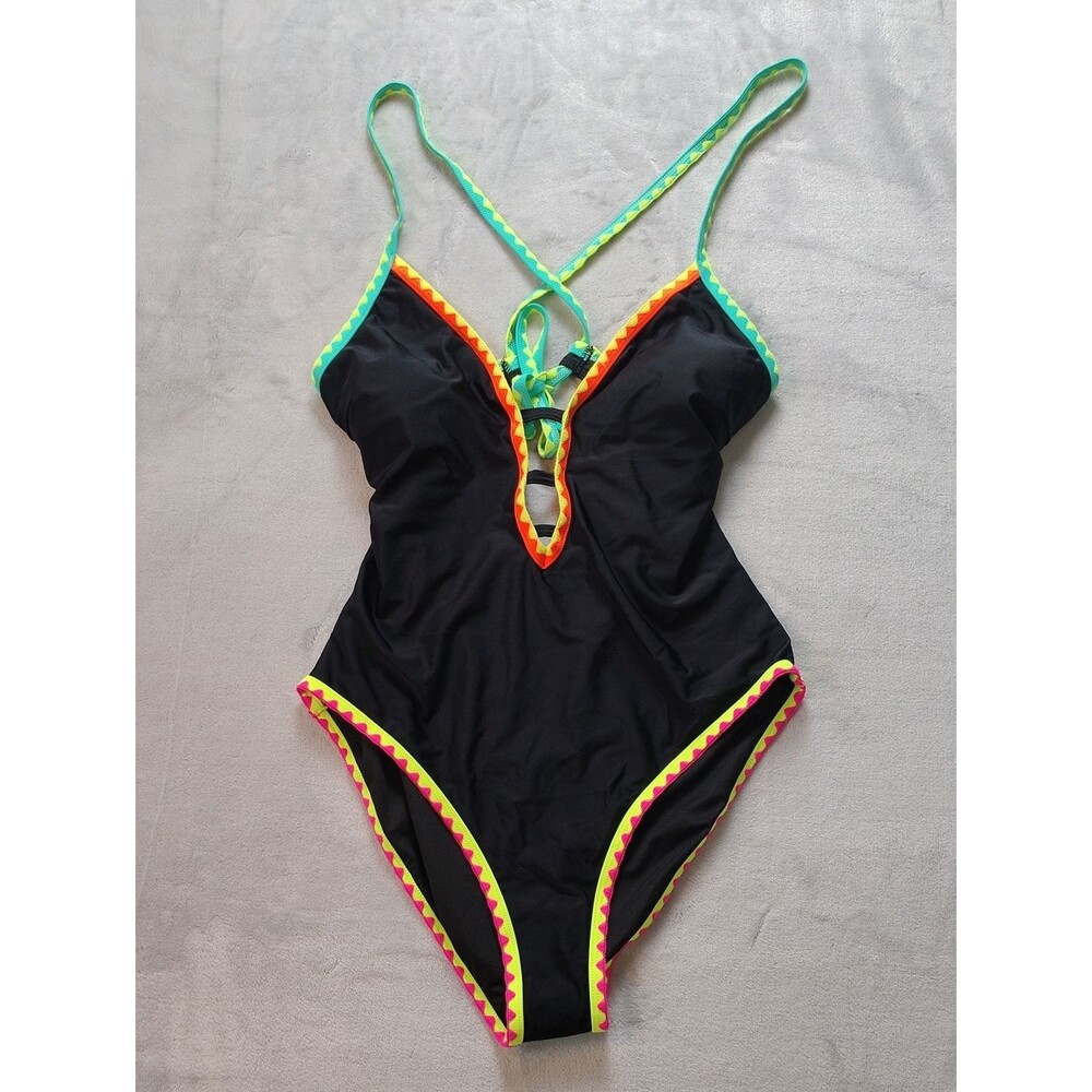 Popvil Black One Piece Tie Back Swimsuit with Multicolored Neon Trim Size XL New